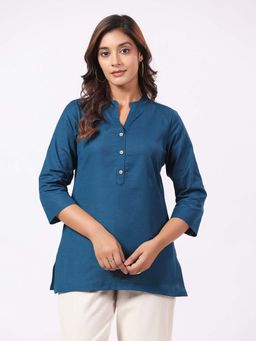 PIROH - Women Cotton Solid Short Kurti-Blue