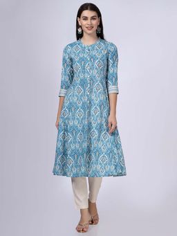 Saffron Threads - Blue Patola Print Button Down Cotton Kurta