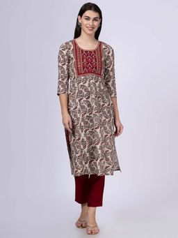 Saffron Threads - Maroon Paisley Print Kurta with Yoke Embroidery