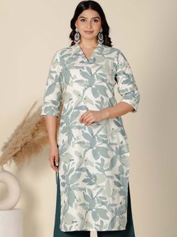ARAMYA - Linen Cotton Straight Foliage Print Kurta
