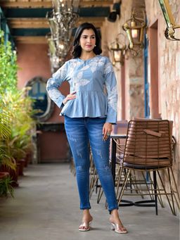 Zolo Label - Sky Blue Cotton Embroidery Top