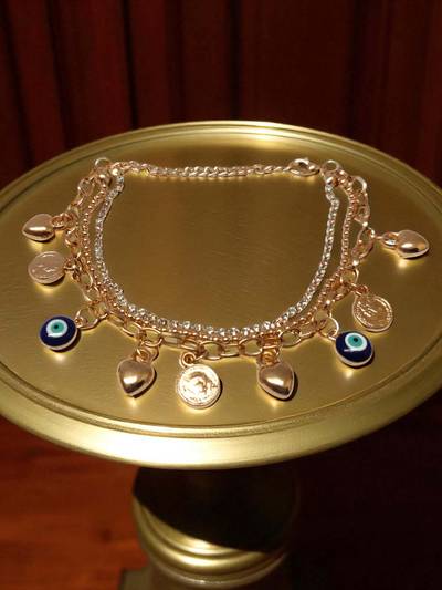 Gold Tone Evil Eye Goodluck Charm Multi Layer Anklet