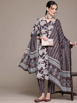 Readiprint - Straight Style Brown Kurta With Pant & Dupatta (Set of 3)