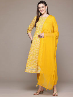 Readiprint - Anarkali Style Mustard Kurta With Pant & Dupatta (Set of 3)