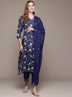 Readiprint - Straight Style Navy Blue Kurta With Pant & Dupatta (Set of 3)