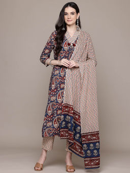 Readiprint - Straight Style Navy Blue Kurta With Pant & Dupatta (Set of 3)