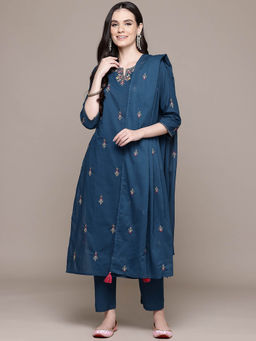 Readiprint - Straight Style Navy Blue Kurta With Pant & Dupatta (Set of 3)