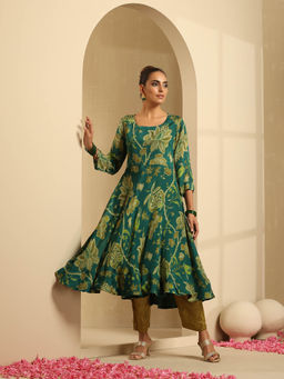 Indy Raaga - Pure Chinnon Printed Flair Kurta with Pant Green (Set of 2)