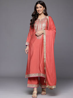 Varanga - Women Rust Zari Embroidered Kurta With Pant & Dupatta (Set of 3)