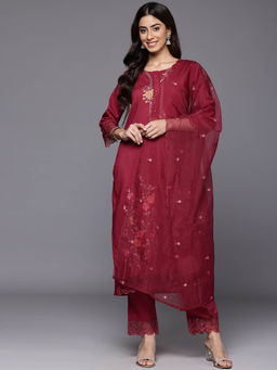 Varanga - Women Red Thread Embroidered Kurta With Organza Hem Paired Pant & Dupatta (Set of 3)