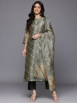 Varanga - Women Olive Stripe Printed Kurta with Pant & Dupatta (Set of 3)