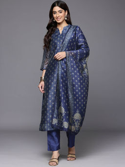 Varanga - Women Blue Floral Printed Mandarin Collar Straight Kurta with Pant & Dupatta (Set of 3)