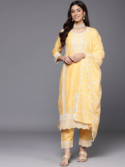 Varanga - Women Yellow Chikankari Embroidered Kurta With Pant & Dupatta (Set of 3)