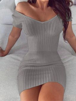 Oh Rare - Women Grey Textured Off-Shoulder Bodycon Mini Dress