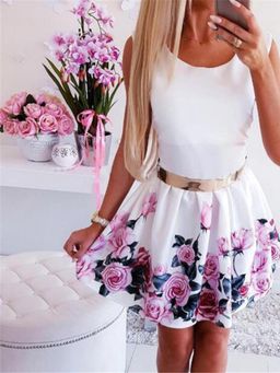 Oh Rare - Women White Round Neck Waist Rose Print Dress