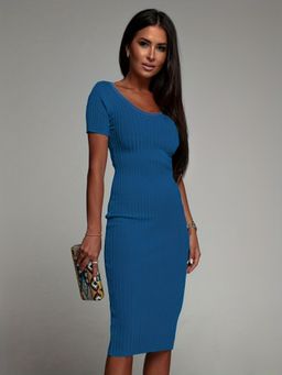 Oh Rare - Women Blue Solid Round Neck Bodycon Midi Dress