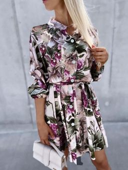Oh Rare - Women Multi-Color Floral Printed Shirt Style Mini Dress with Belt
