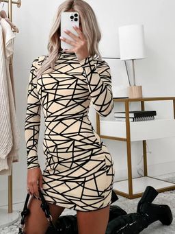 Oh Rare - Women Beige Geometric Printed Round Neck Bodycon Dress
