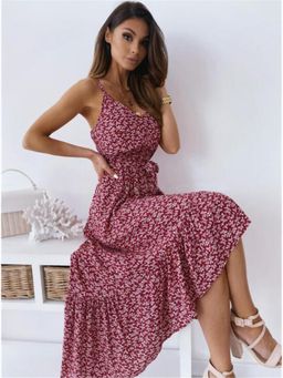 Oh Rare - Women Red Floral Print Fit and Flare Midi Dress