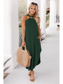 Oh Rare - Women Green Halter Neck A-Line Maxi Dress