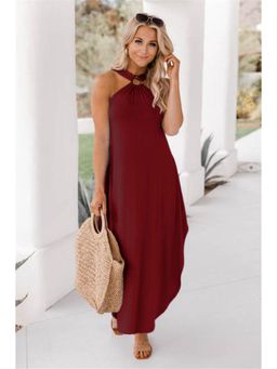Oh Rare - Women Maroon Halter Neck A-Line Maxi Dress