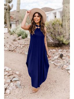Oh Rare - Women Navy Blue Halter Neck A-Line Maxi Dress