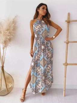 Oh Rare - Women Blue Paisley Printed Slits Halter Neck Maxi Dress