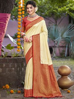 Sangam Prints - Cream Silk Floral Woven Work Traditional Saree with Unstitched Blouse