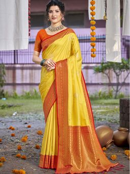 Sangam Prints - Yellow Silk Floral Woven Work Traditional Saree with Unstitched Blouse