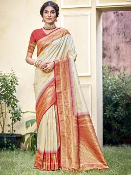 Sangam Prints - Cream Silk Woven Work Festive Wear Saree with Unstitched Blouse