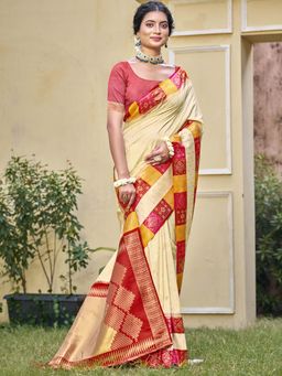 Sangam Prints - Cream Silk Woven Work Traditional Saree with Unstitched Blouse