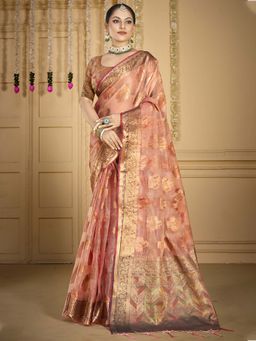 Sangam Prints - Peach Organza Woven Work Traditional Saree with Unstitched Blouse