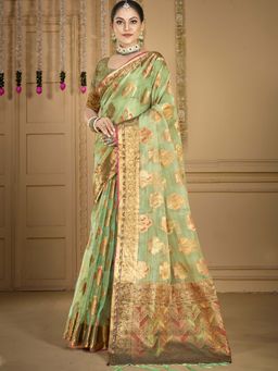 Sangam Prints - Pista Green Organza Woven Work Traditional Saree with Unstitched Blouse
