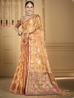 Sangam Prints - Beige Organza Woven Work Traditional Saree with Unstitched Blouse