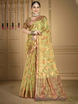 Sangam Prints - Light Green Organza Woven Work Traditional Saree with Unstitched Blouse