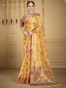 Sangam Prints - Gold Organza Woven Work Traditional Saree with Unstitched Blouse