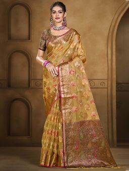 Sangam Prints - Yellow Organza Woven Tassels Work Traditional Saree with Unstitched Blouse
