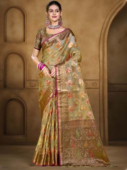 Sangam Prints - Olive Organza Woven Tassels Work Traditional Saree with Unstitched Blouse