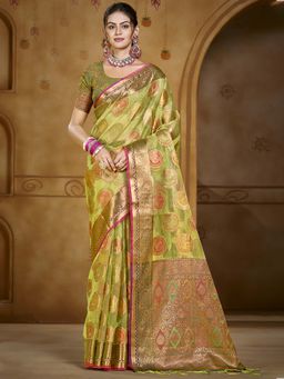 Sangam Prints - Light Green Organza Woven Tassels Work Saree with Unstitched Blouse