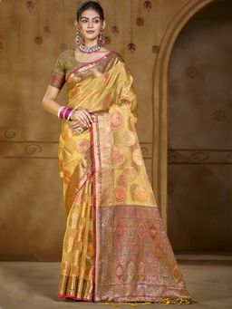 Sangam Prints - Yellow Organza Woven Tassels Work Saree with Unstitched Blouse