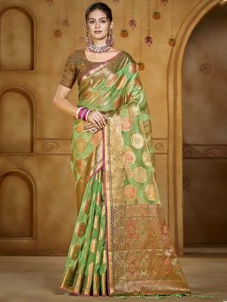 Sangam Prints - Green Organza Woven Tassels Work Saree with Unstitched Blouse