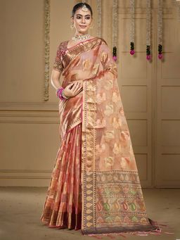 Sangam Prints - Peach Organza Woven Work Traditional Saree with Unstitched Blouse
