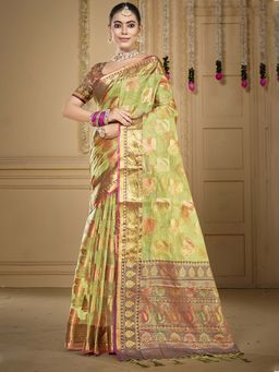 Sangam Prints - Light Green Organza Woven Work Traditional Saree with Unstitched Blouse