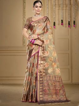 Sangam Prints - Grey Organza Woven Work Traditional Saree with Unstitched Blouse