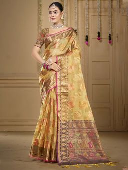 Sangam Prints - Gold Organza Woven Work Traditional Saree with Unstitched Blouse