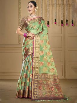Sangam Prints - Pista Green Organza Woven Work Traditional Saree with Unstitched Blouse
