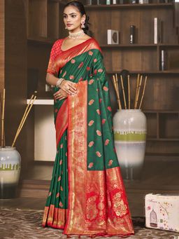 Sangam Prints - Green Silk Woven Zari Work Saree with Unstitched Blouse