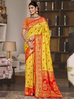 Sangam Prints - Yellow Silk Woven Zari Work Saree with Unstitched Blouse