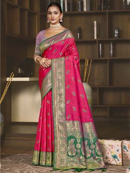 Sangam Prints - Rani Pink Silk Woven Zari Work Saree with Unstitched Blouse