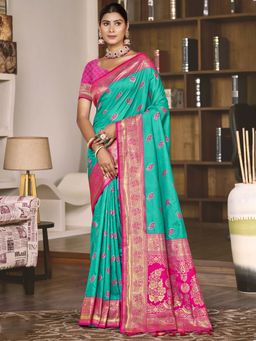 Sangam Prints - Teal Silk Woven Zari Work Saree with Unstitched Blouse